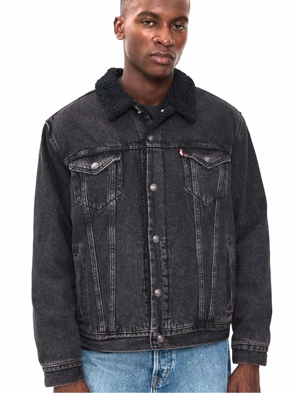Levi's Washed Black Sherpa-Collar Trucker Denim Jacket